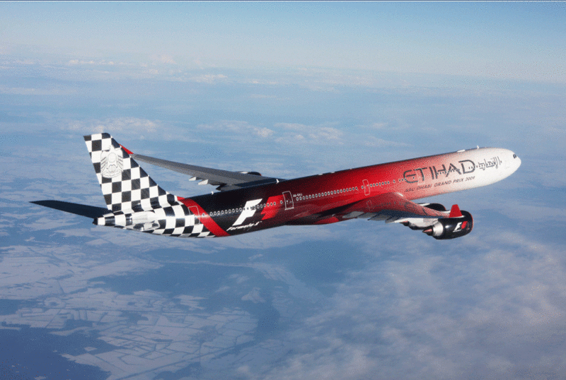 Борт арабской Etihad Airways с рекламной Формулы-1. необычные самолёты, раскраска, самолёты